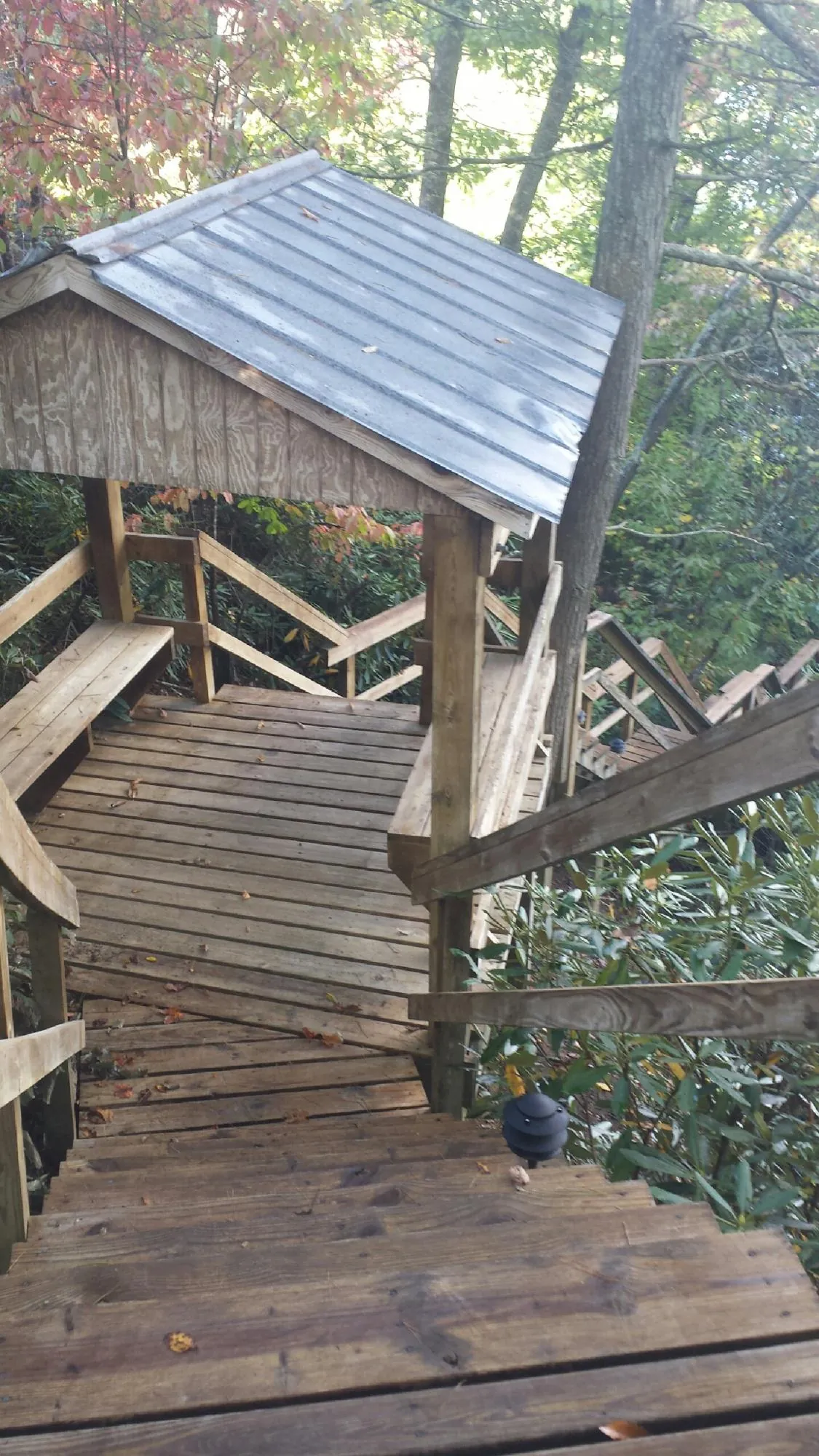 Metal roofed shelter over wooden steps on a wooded walkway — Skylight Repair & Installation work by our crew in Lombard